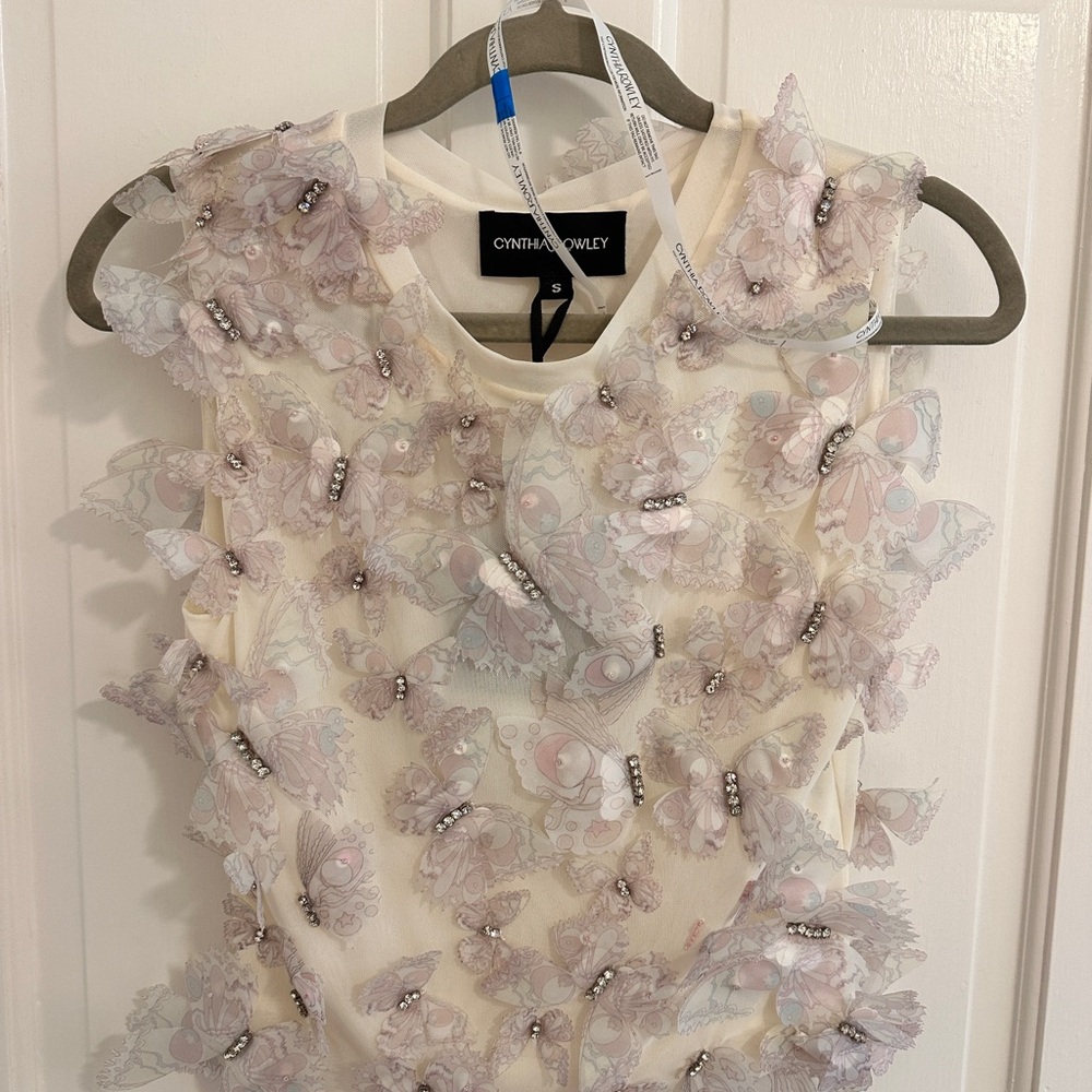 Cynthia Rowley Cream Sleeveless Top with Pink & Lavender Butterfly Appliqués NWT
